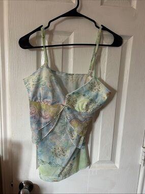 SHEIN Pastel Blue & Green Floral Sheer Ruffle Camisole